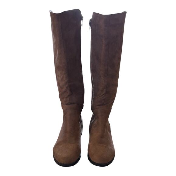 Beige faux-suede knee-high riding boots featuring side zippers buckle details 9 - Picture 2 of 5